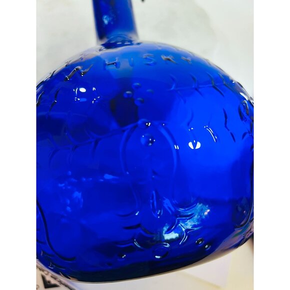 Vtg Italy Cobalt Blue Glass Whiskey Jug decanter Handle Embossed Fish Birds Pond - Picture 2 of 7